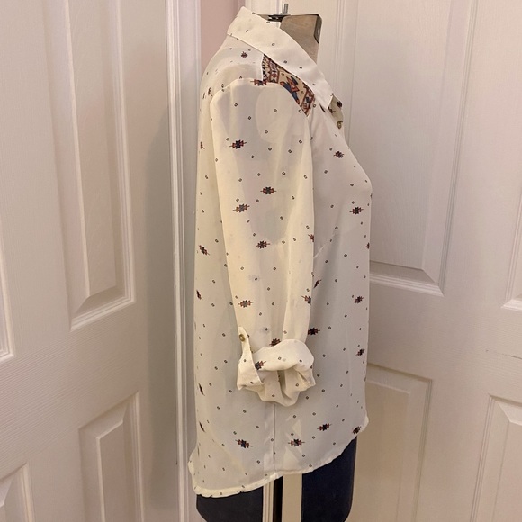 Prototype Sheer Ivory Brown Red Aztec Print Long Button Up Roll Sleeve Top - Picture 4 of 7